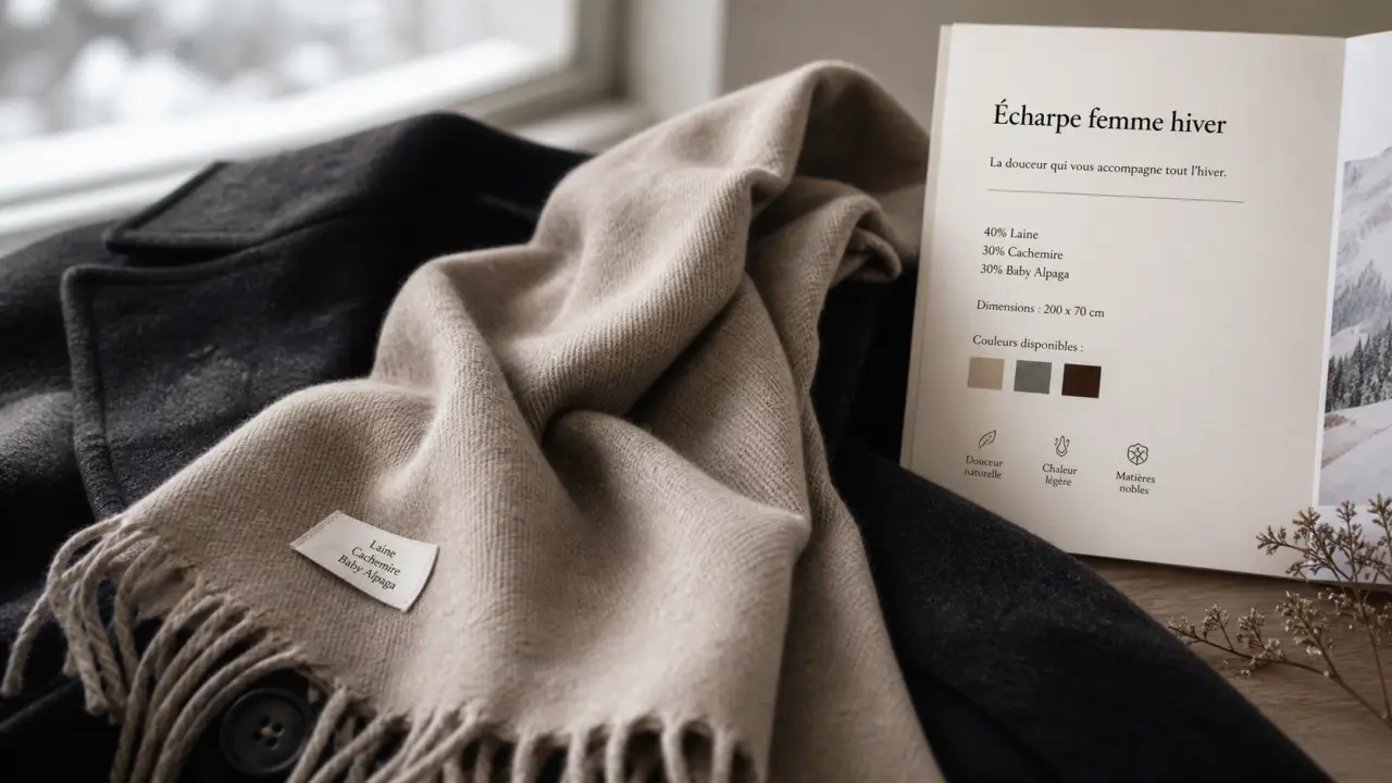 Écharpe femme hiver en laine douce, sans gratter, cachemire et baby alpaga
