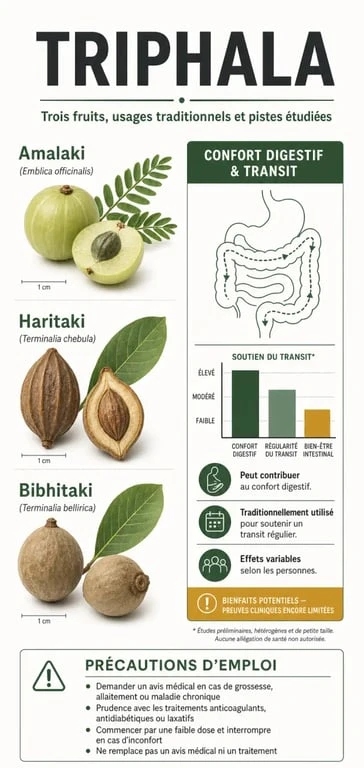 Infographie sur les triphala bienfaits, les trois fruits et les précautions d’emploi