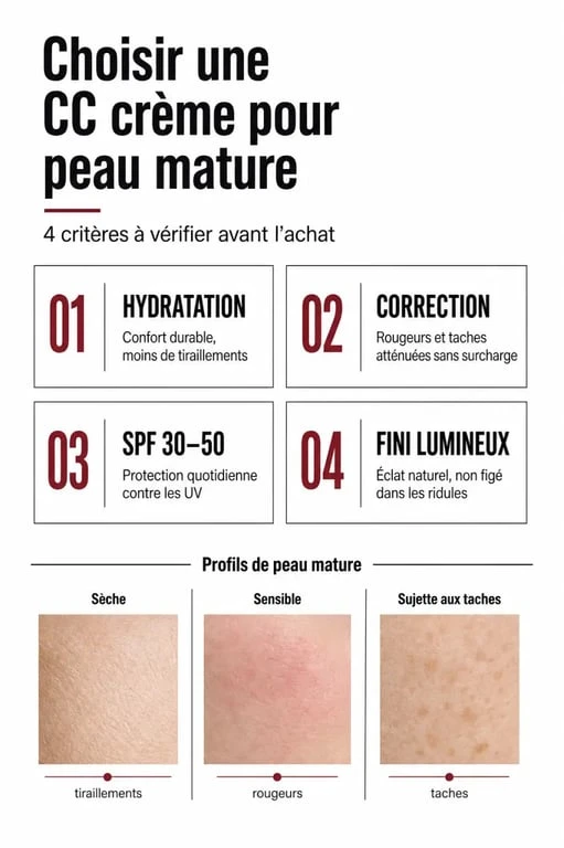 Infographie comparative de la meilleure cc crème pour peau mature avec critères d’hydratation, SPF, couvrance et fini lumineux