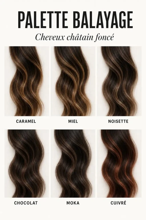 Infographie des nuances de balayage pour cheveux châtain foncé : caramel, miel, noisette, chocolat, moka et cuivré