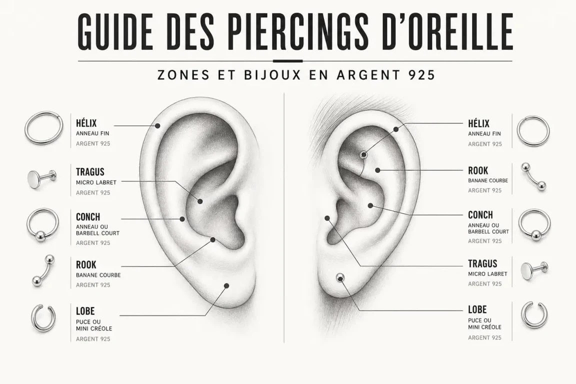 Piercing argent : schéma des zones de l’oreille et des bijoux adaptés