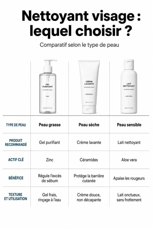 Infographie récapitulative pour choisir le meilleur nettoyant visage selon son type de peau
