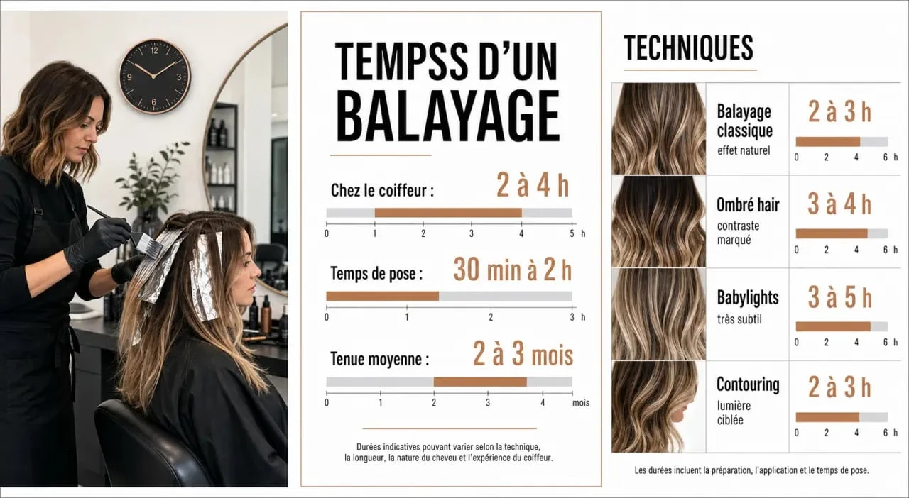Combien de temps dure un balayage : durée chez le coiffeur, temps de pose et tenue avant retouche