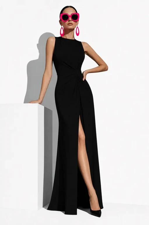 Tenue chic détail choc femme : robe noire élégante avec lunettes fluo et boucles d’oreilles néon
