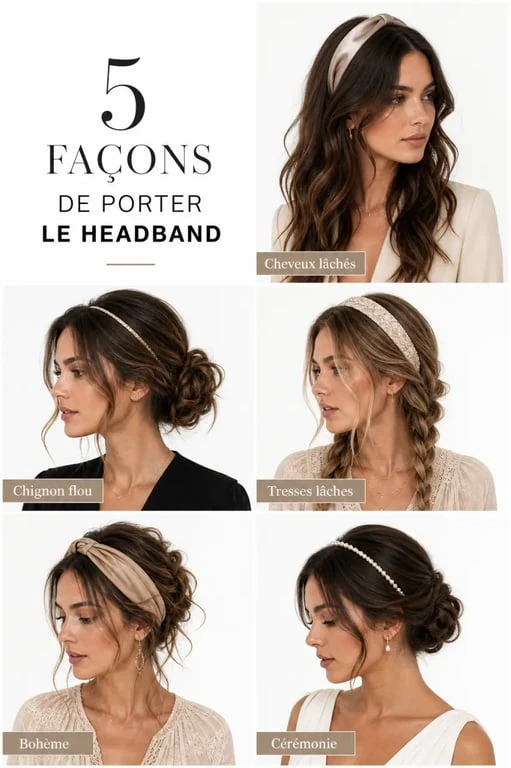 Headband femme en plusieurs styles : cheveux lâchés, chignon, tresses, look bohème et cérémonie