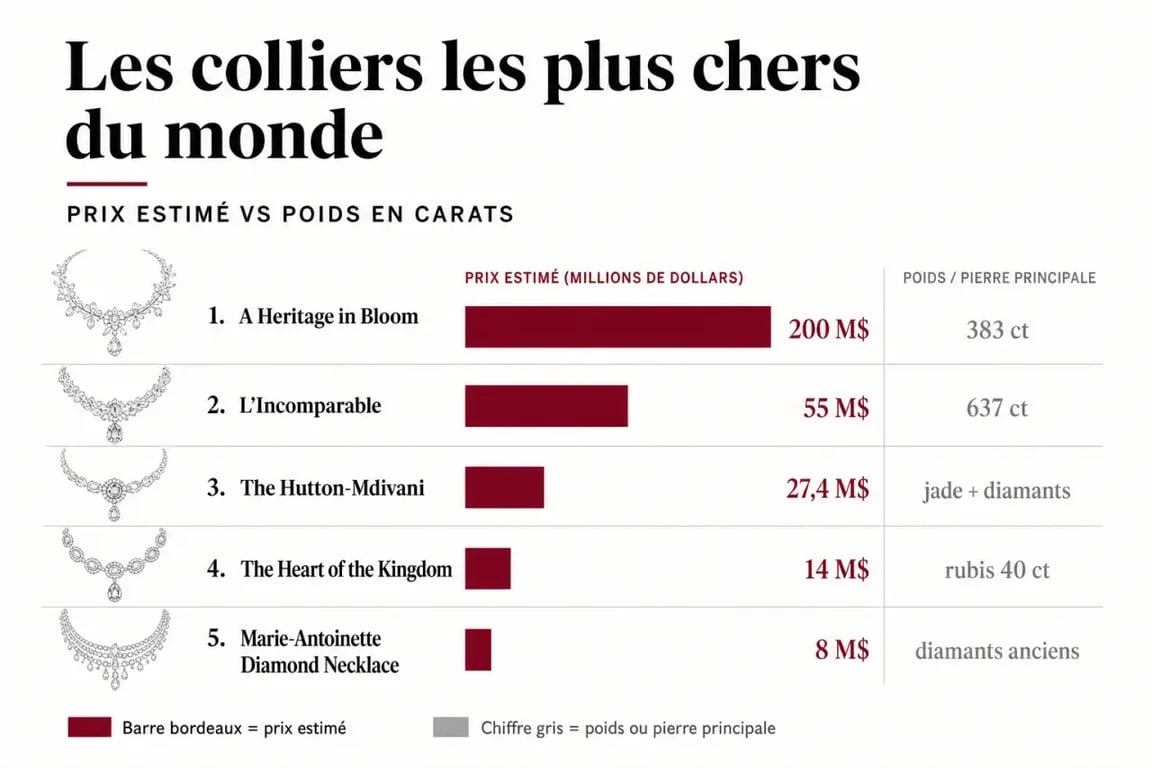 Infographie comparative des prix et caractéristiques du collier le plus cher du monde et autres bijoux d'exception