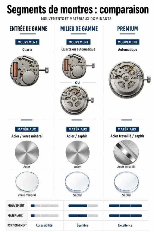 Infographie comparative des segments de marque montre : entrée de gamme, milieu de gamme et premium pour bien choisir sa montre.