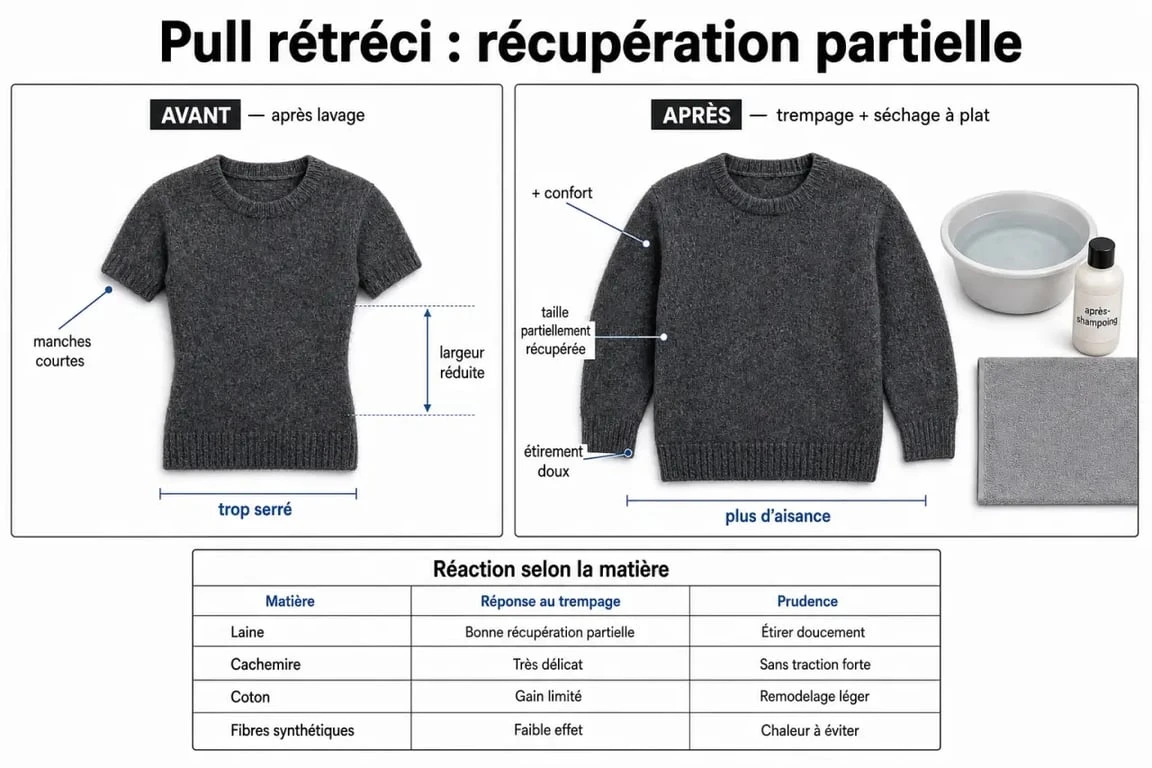 Pull rétréci après-shampoing avis : comparaison avant et après récupération partielle d’un pull en laine