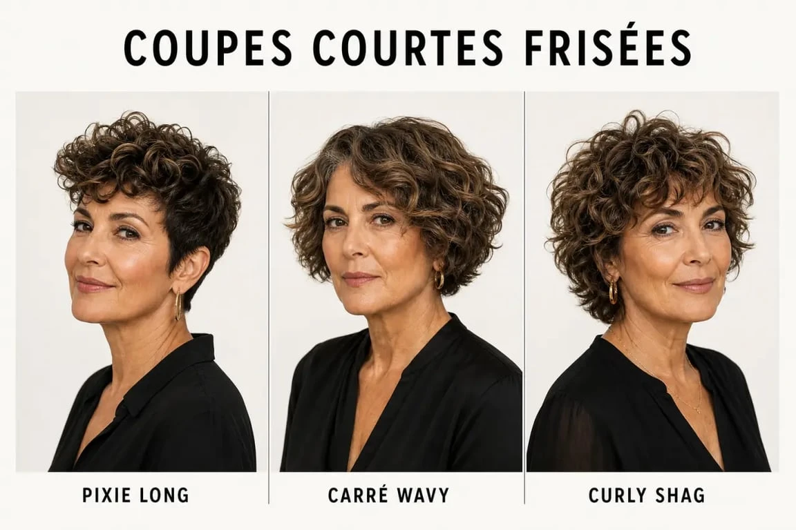 Idées de coupe cheveux frisés courts femme 60 ans en triptyque : pixie frisé, carré court wavy et curly shag