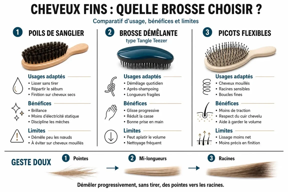 Comparatif brosse cheveux fins : poils de sanglier, brosse démêlante et picots flexibles