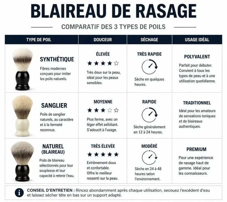 Infographie comparative des types de poils pour blaireau de rasage : synthétique, sanglier et naturel