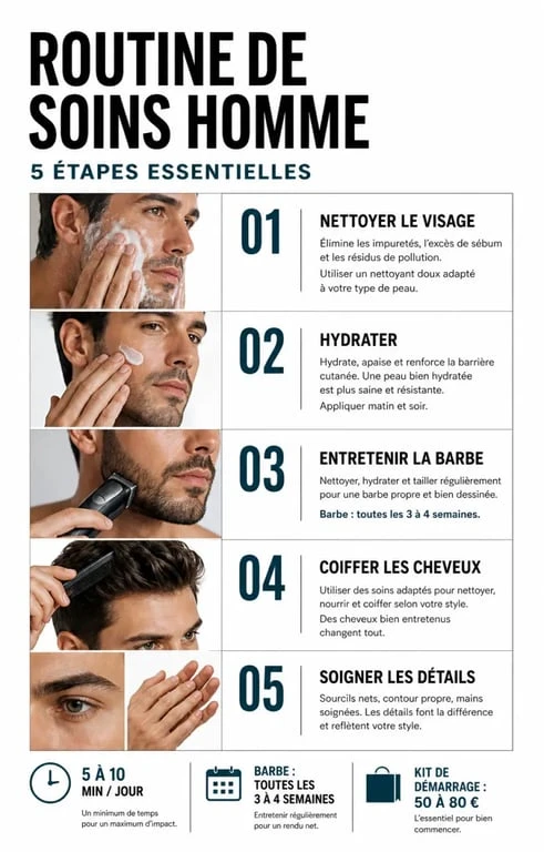 Illustration éditoriale du grooming homme avec routine de soins, barbe, peau et cheveux