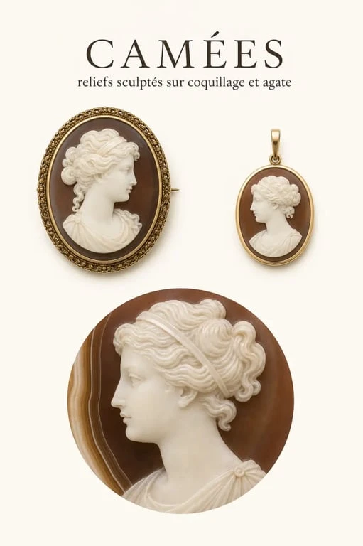 Bijoux en camée : comparaison visuelle entre broche ancienne, pendentif moderne et détail de gravure en relief