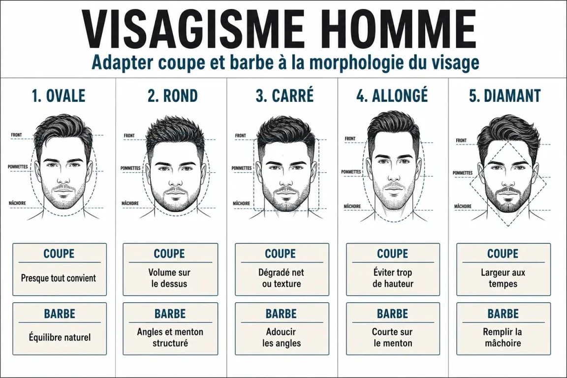 Illustration de visagiste homme montrant les formes de visage et les coupes adaptées