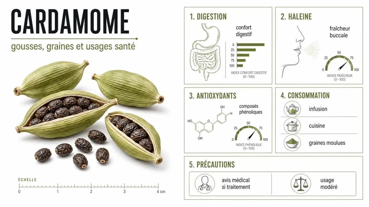Cardamome bienfait : visualisation éditoriale des effets sur la digestion, l’haleine, les antioxydants et les précautions d’emploi
