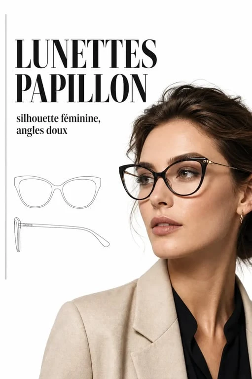 Lunettes papillon femme portées par une femme dans un portrait éditorial chic