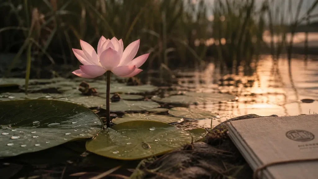 fleur de lotus signification au bord d’un étang, boue visible, nénuphar