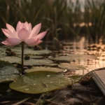 fleur de lotus signification au bord d’un étang, boue visible, nénuphar