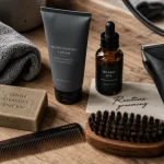 Grooming homme : produits barbe, peau et cheveux sur table