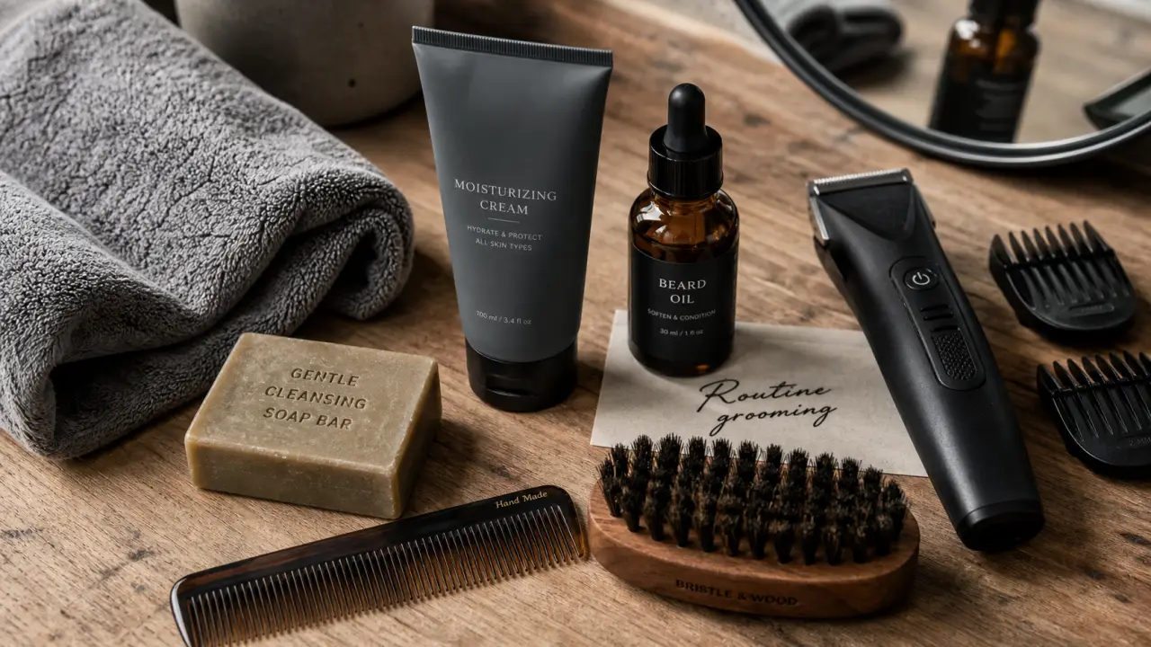 Grooming homme : produits barbe, peau et cheveux sur table