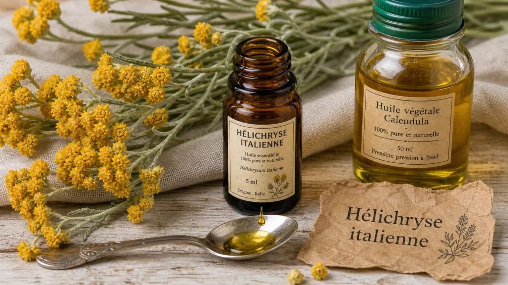 Huile essentielle immortelle utilisation : hélichryse italienne en flacon ambré