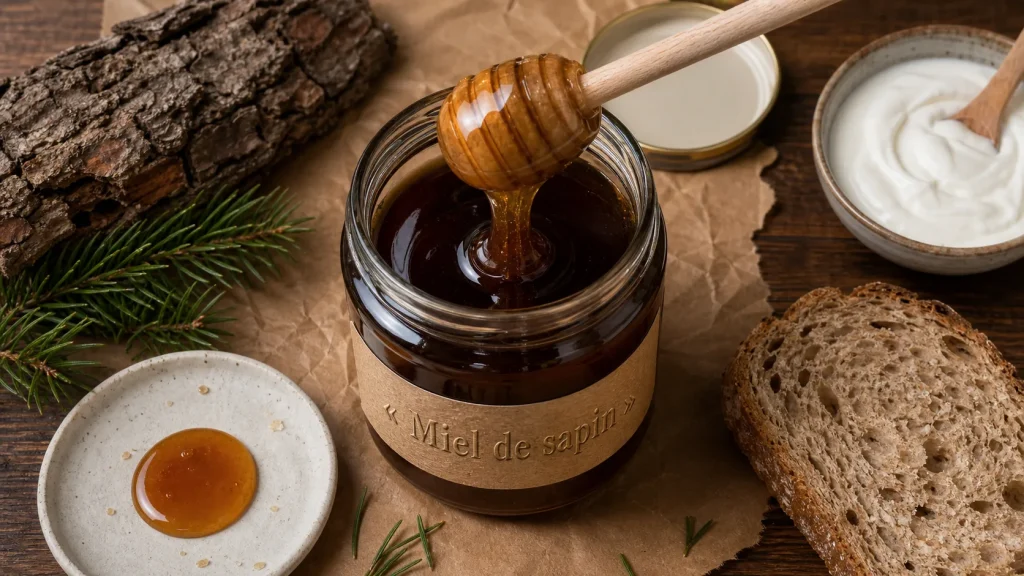Miel de sapin bienfaits : pot de miel sombre sur table