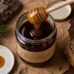 Miel de sapin bienfaits : pot de miel sombre sur table