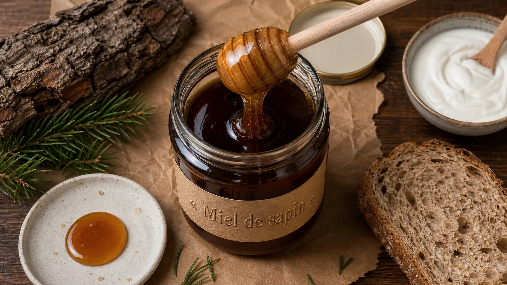 Miel de sapin bienfaits : pot de miel sombre sur table