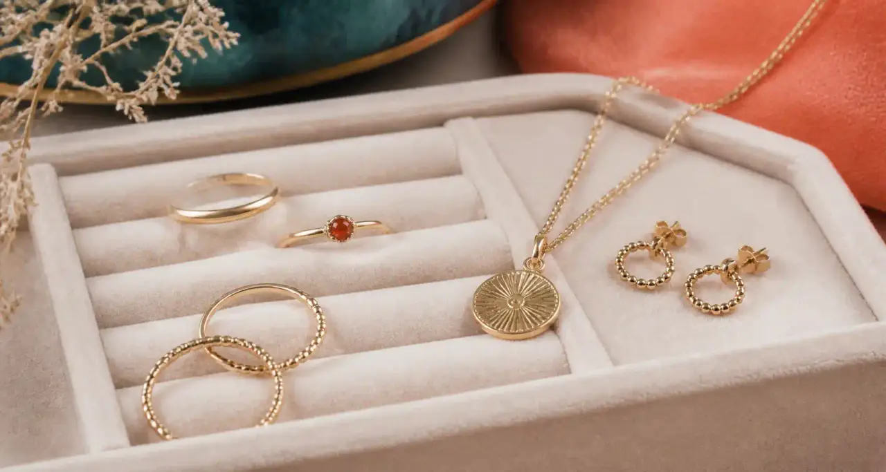 Bijoux fins sur présentoir en velours avec lumière douce
