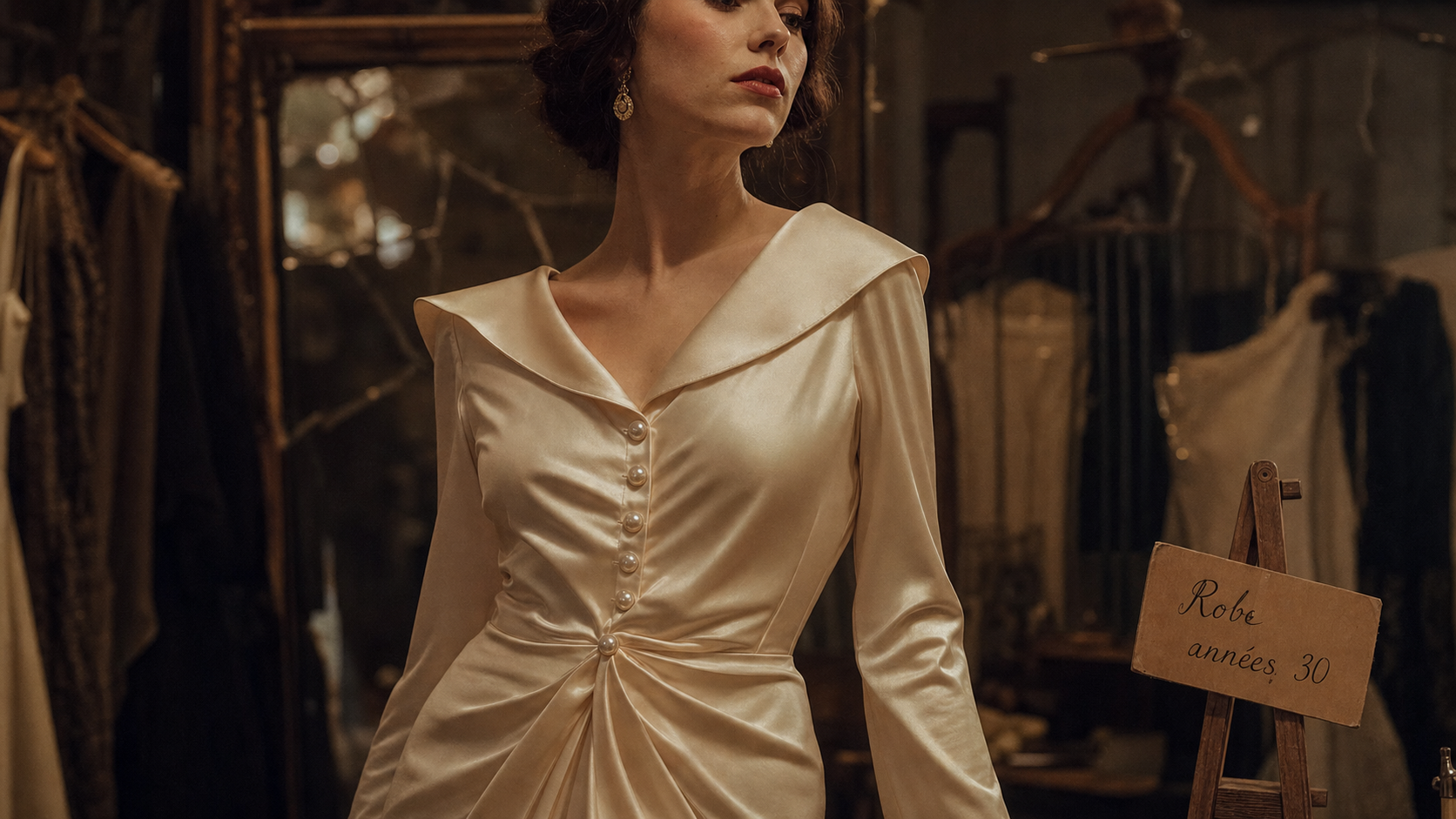 Robe des annee 30 en satin crème, élégance rétro