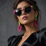 Tenue chic détail choc femme : robe noire satin, lunettes tropicales multicolores
