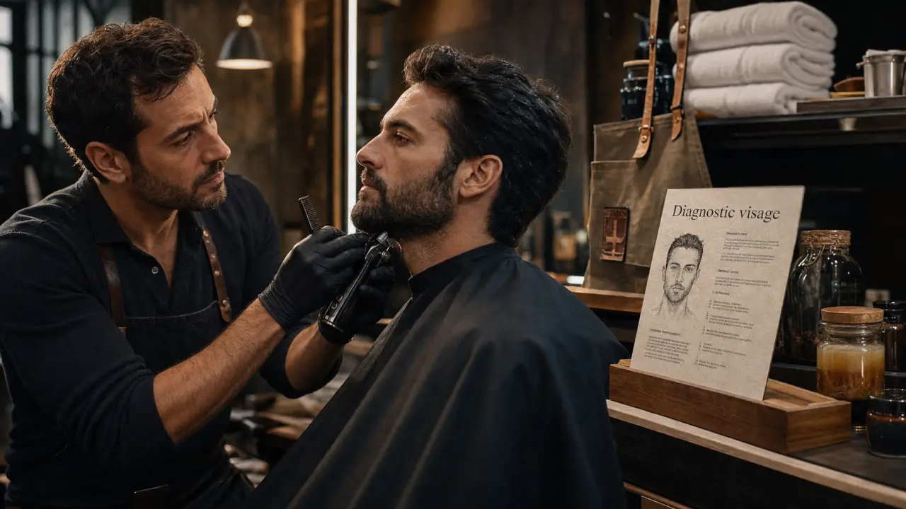 Visagiste homme en salon, diagnostic coupe visage et barbe