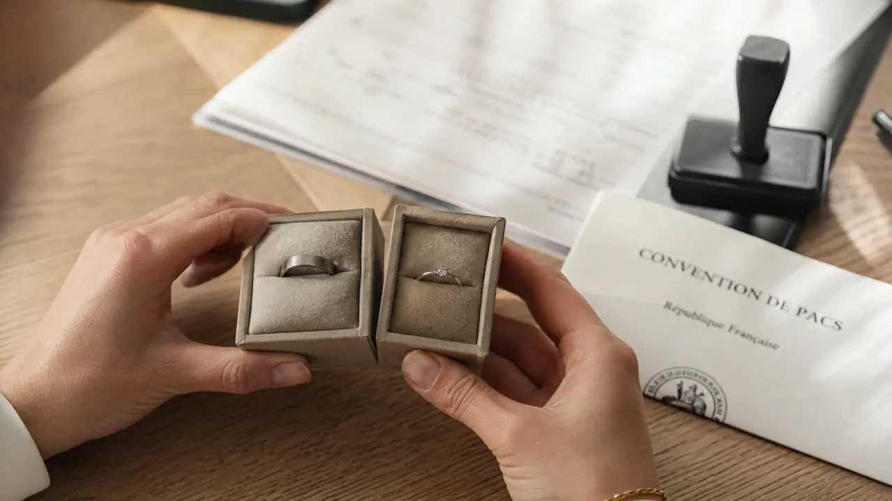 Bague pacs : alliance, solitaire ou duo sur table, papier PACS en arrière-plan