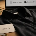 Chemise lin noire femme sur table, col et patte de boutonnage visibles