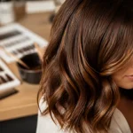 Cheveu couleur noisette avec reflets dorés sur cheveux soyeux