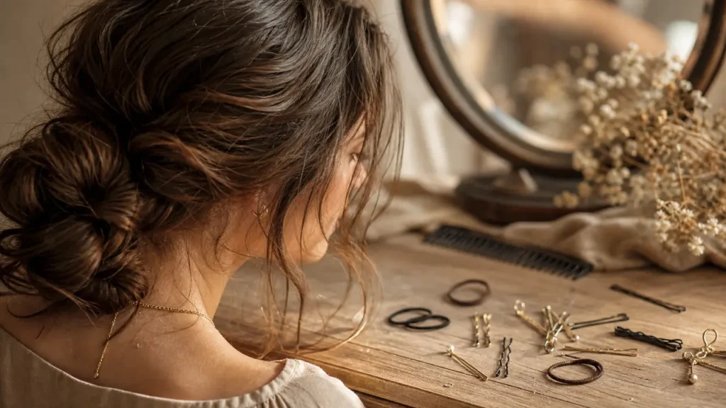 Coiffure bohème simple : chignon bas flou, tresse décoiffée et volume naturel