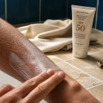 Main appliquant une crème SPF 50 : combien de temps pour bronzer avec indice 50