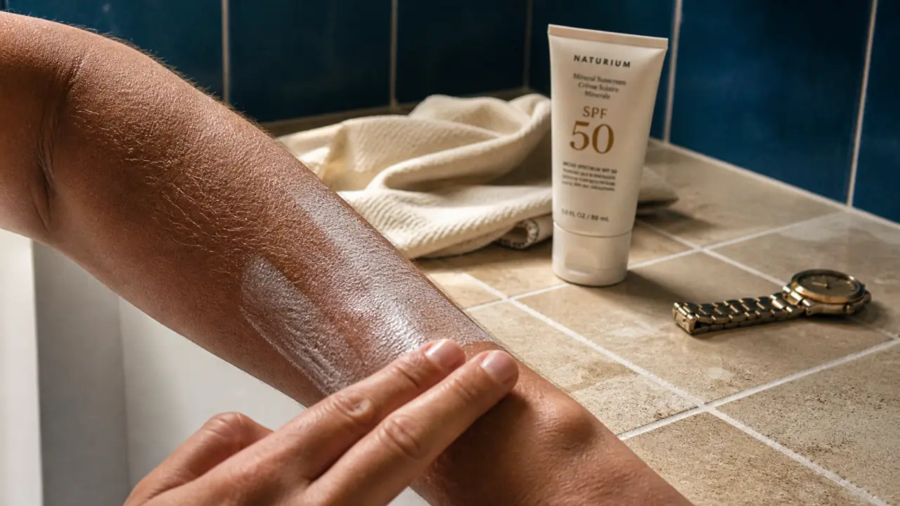 Main appliquant une crème SPF 50 : combien de temps pour bronzer avec indice 50