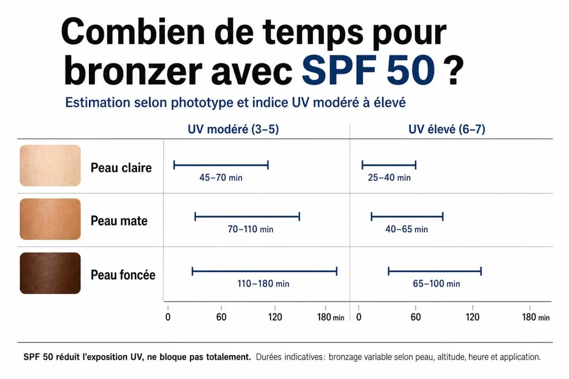 Combien de temps pour bronzer avec indice 50 selon le phototype et l’indice UV