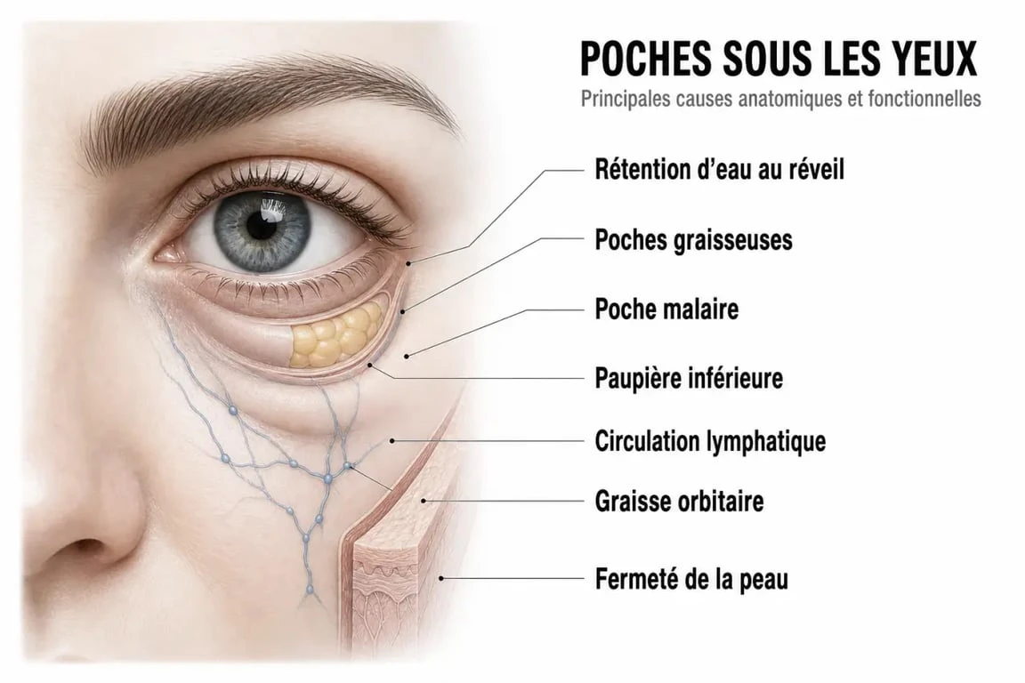Comment enlever les poches sous les yeux : schéma du contour de l’œil et des différents types de poches