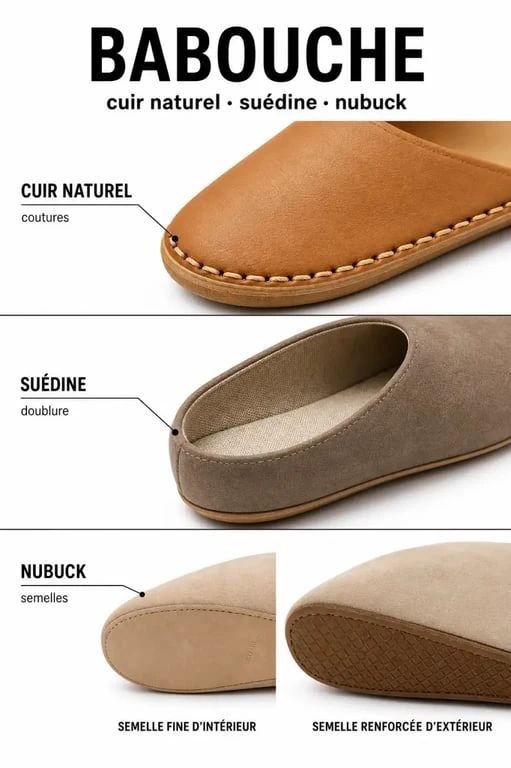 Babouche chaussure en cuir, suédine et nubuck avec détails de semelle et finitions