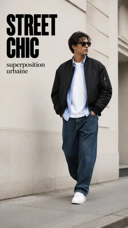 style street chic avec jean large, bomber et sneakers en ville