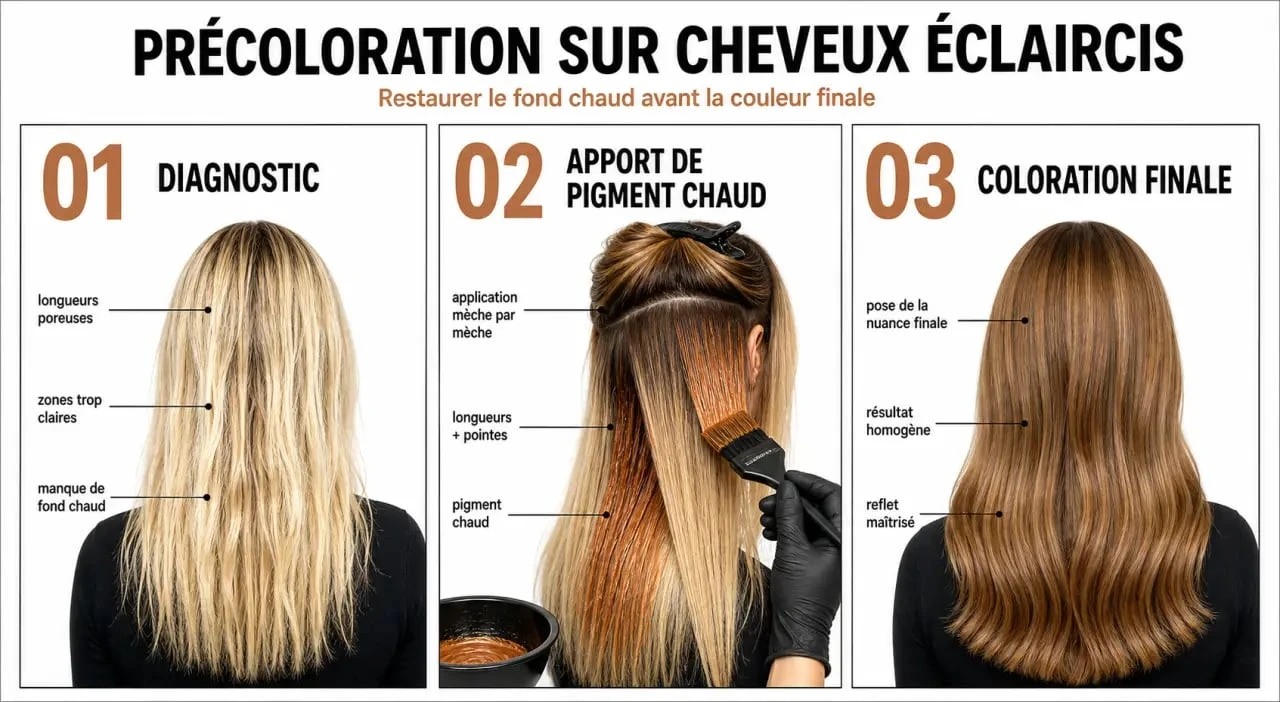 Précoloration en coiffure : application mèche par mèche avant coloration finale sur cheveux décolorés