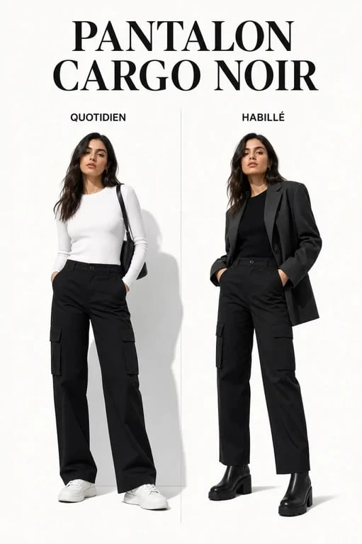 Pantalon cargo femme noir porté dans deux looks urbains, avec sneakers et blazer