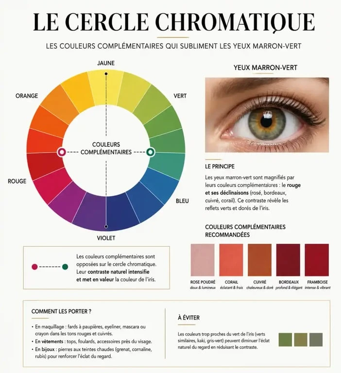Infographie des couleurs complémentaires pour maquillage yeux marron vert