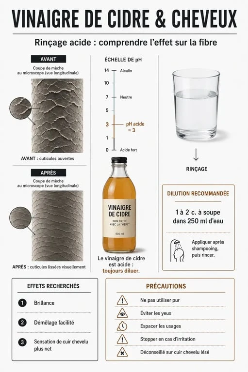 Vinaigre de cidre et cheveux : schéma du pH, de la dilution et des précautions d’usage
