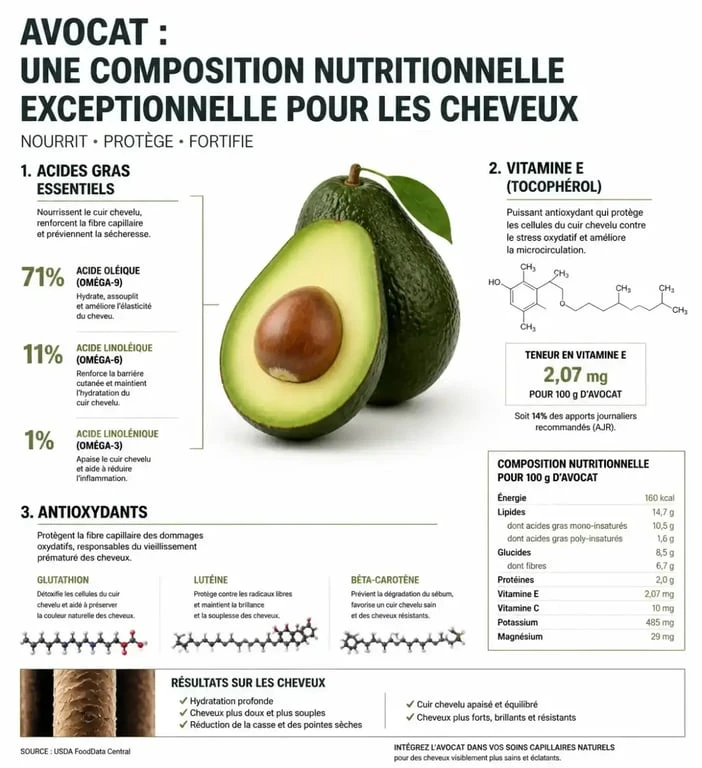 Infographie sur les bienfaits de l'avocat et cheveux