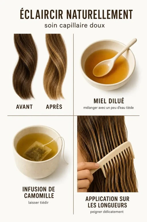 Éclaircir ses cheveux naturellement : illustration d’un tutoriel avec miel, camomille et résultat progressif sur les cheveux