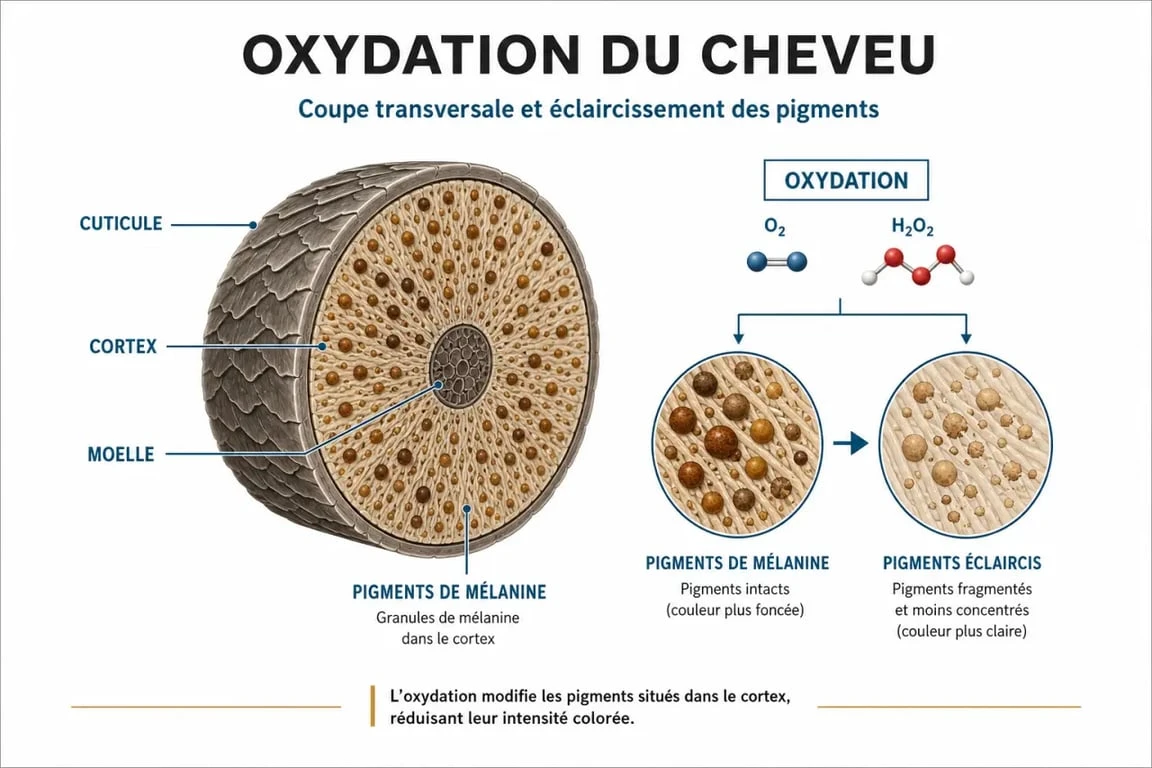 Schéma explicatif de la décoloration à l'eau oxygénée sur la structure du cheveu