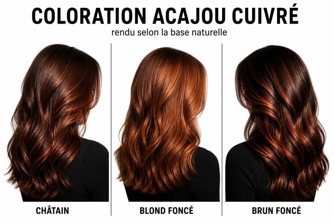 Rendu de la couleur acajou cuivré sur cheveux châtains, blond foncé et brun foncé